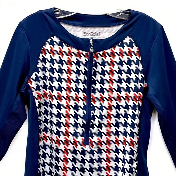 Navy Houndstooth Zip Neck Athletic Top | Long Sleeve Performance Pullover - Picture 6 of 11